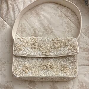 STAUD Cream Floral Beaded Shoulder Bag